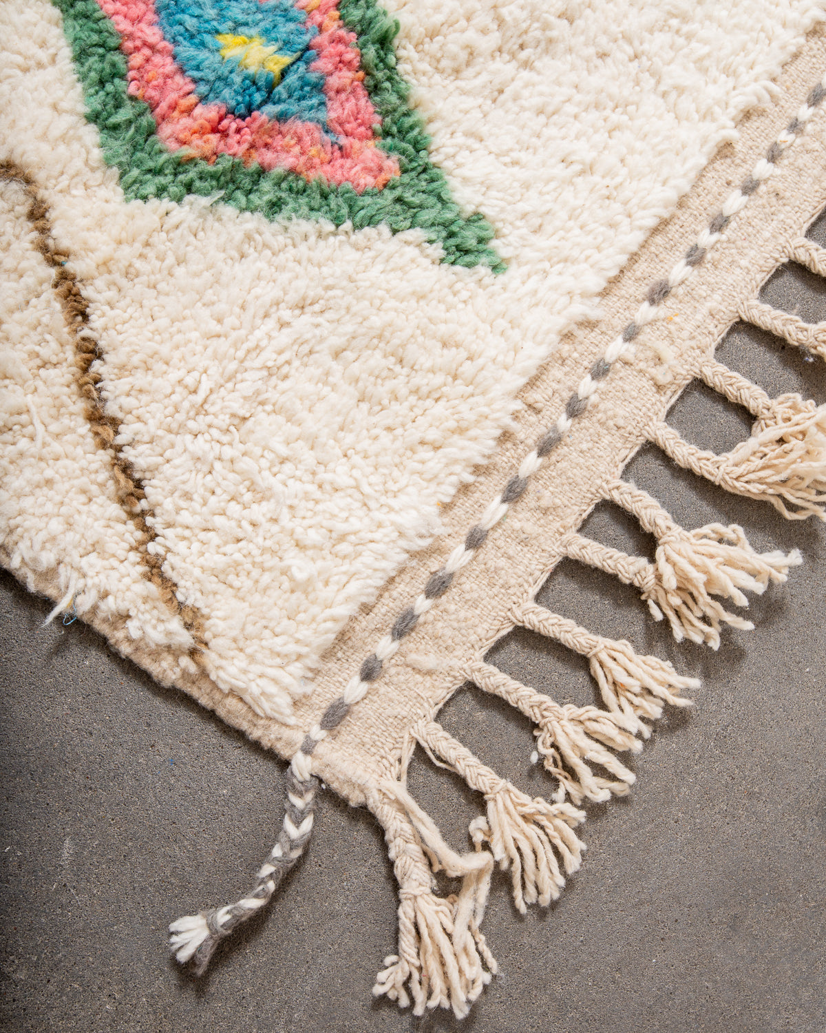 Modern, designer, handcrafted Berber rug from Morocco. Beniourain carpet with beautiful colours and patterns and fluffy wool texture.